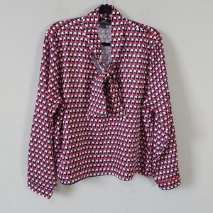 SFW Suitable For Work Italian Semi Sheer Tie Neck Blouse Large Business Outfit